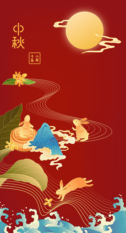 中秋节插画图案红色背景图片
