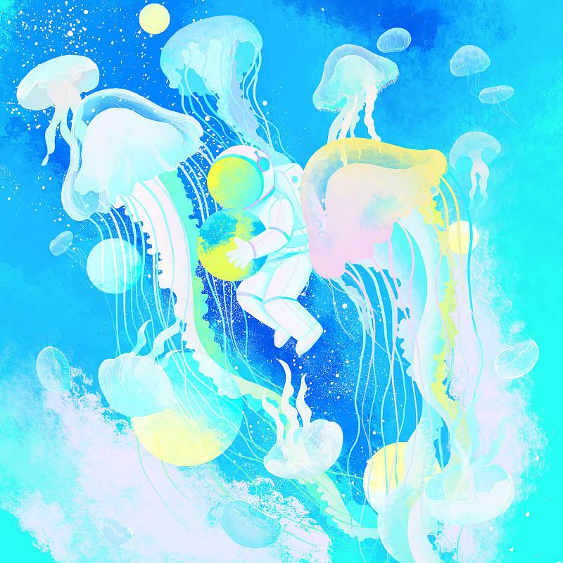星球水母海洋拥抱小宇航员梦幻插画图片