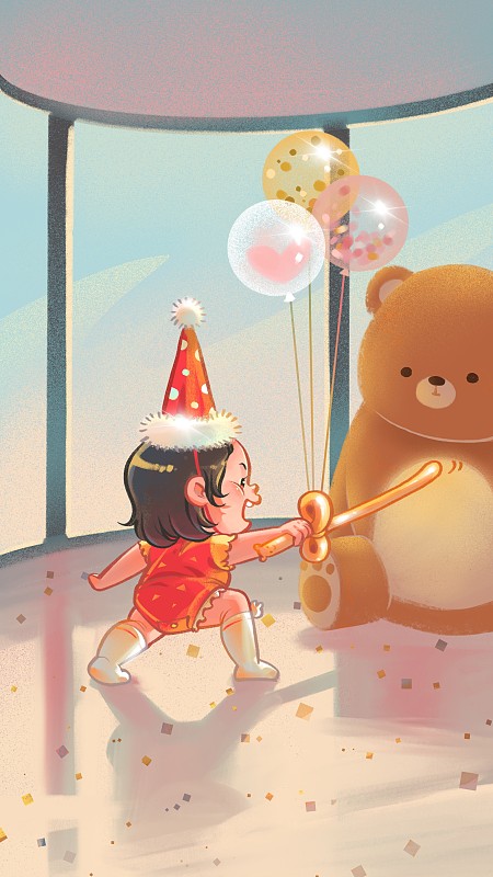穿尿不湿的女宝宝用气球当剑戳玩具熊图片下载