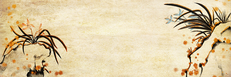 中国风金色边水墨传统华丽装饰奢靡风牛皮纸背景插图兰花石图片素材