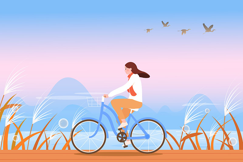 在湖边骑自行车的女孩矢量插画图片