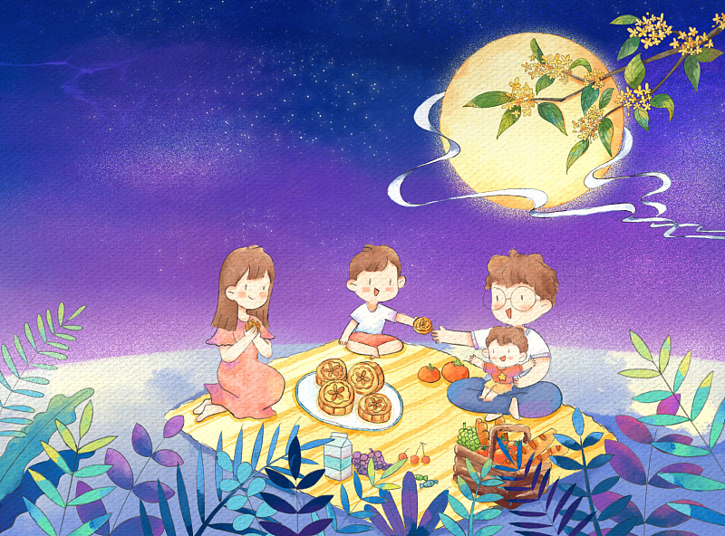 中秋节一家人吃月饼插图图片下载
