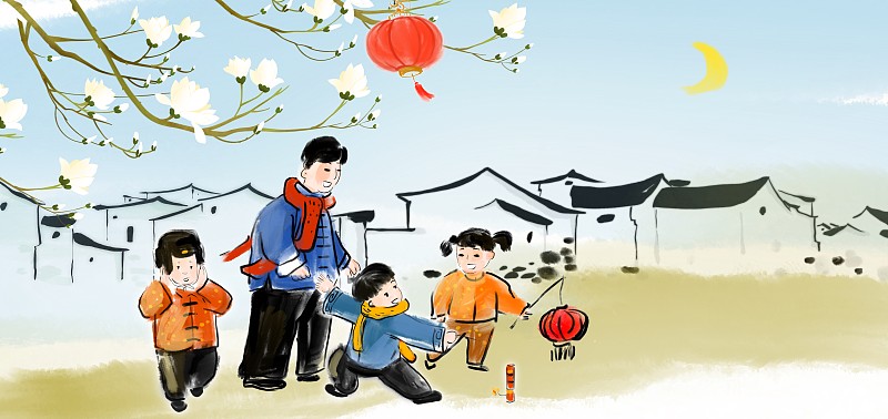 春节儿童插画中国风水墨画图片