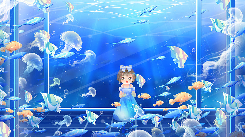 女孩隔着玻璃看蔚蓝海水中的多彩鱼群，蓝色唯美治愈插画海报下载