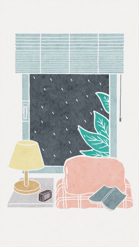 夜晚的卧室窗外刮风下雨树叶摇摆插画下载