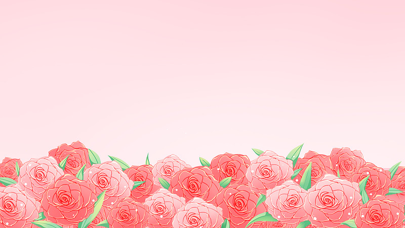 粉红色的玫瑰花丛，唯美浪漫节日插画下载