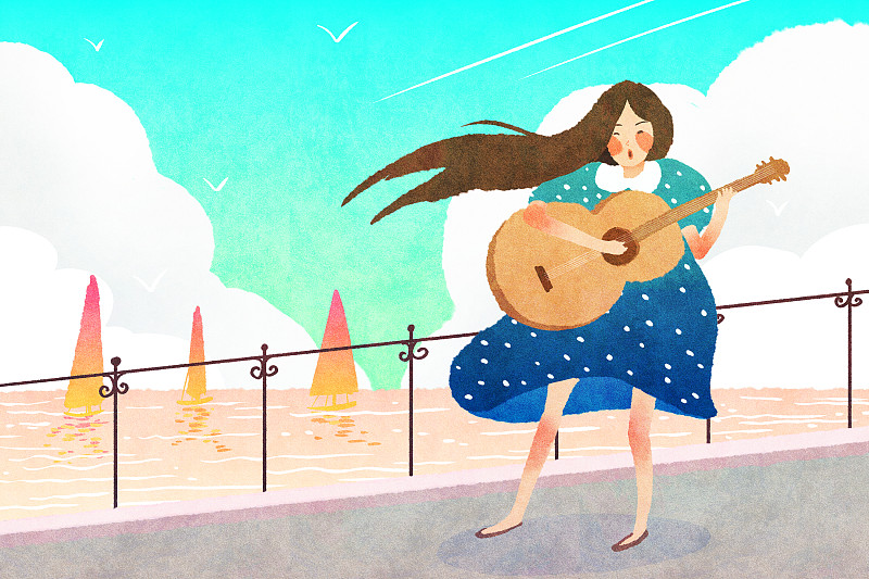 海边抱着吉他唱歌的年轻女孩图片下载