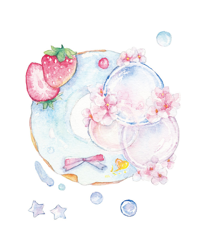 水彩手绘插画精美小吃水果鲜花甜甜圈图片