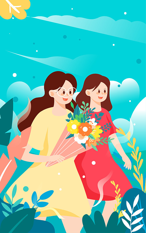 感恩母亲节献花给妈妈插画女孩手捧鲜花海报图片