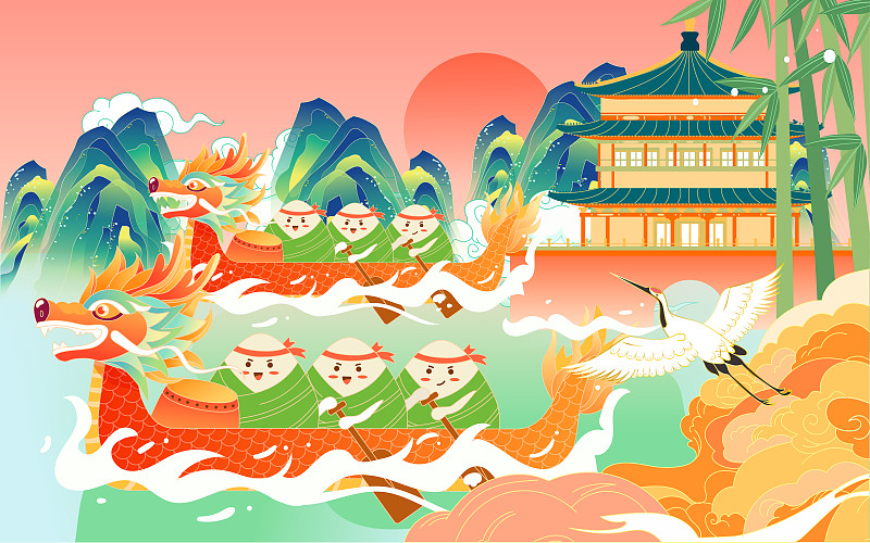 端午节赛龙舟传统节日活动粽子美食国潮插画图片