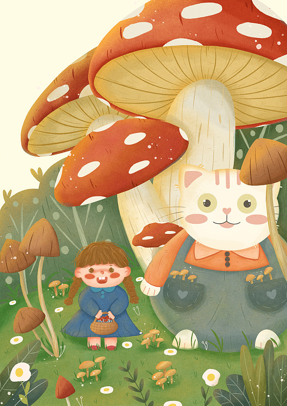 猫咪和女孩系列场景三《采蘑菇》儿插|文创|插图图片下载