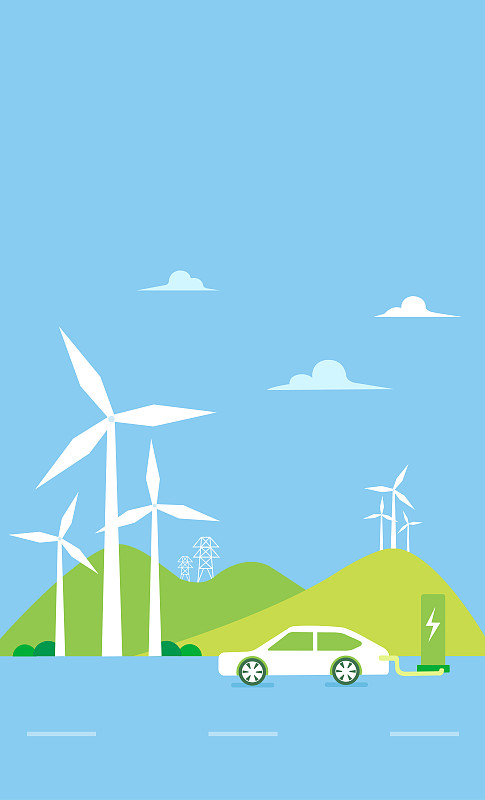 风力太阳能综合发电场风力涡轮机在野外山丘，电动汽车充电，说明走向绿色新能源汽车环保碳达峰插画下载
