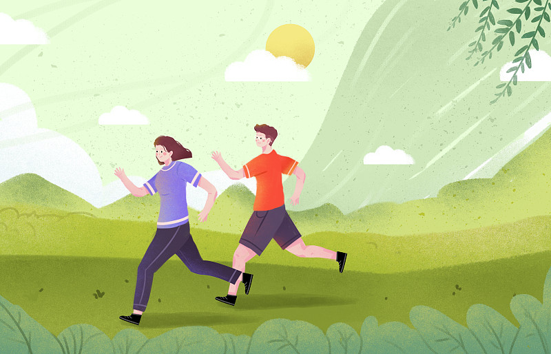 全民健身日正在草原中进行热身跑步的两个人插画图片