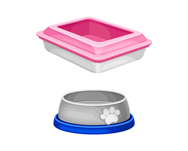 宠物用食碗及塑料马桶配件插画图片