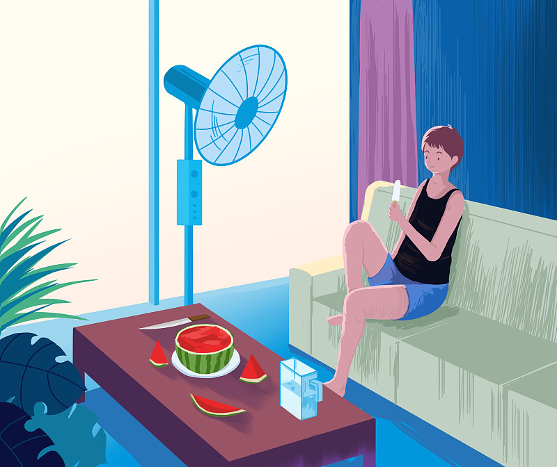 炎热夏天夏季空调房内少年暑假放松吃冰棒消暑纳凉插画图片