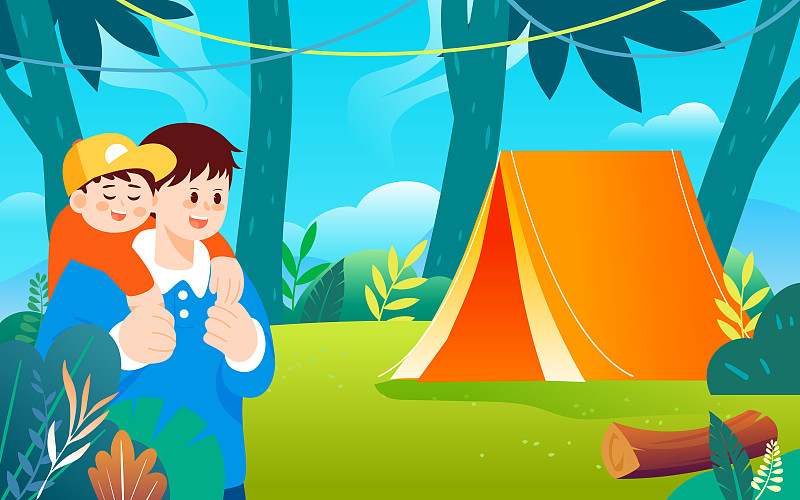 夏天暑期户外露营草地帐篷野餐家人聚会插画图片