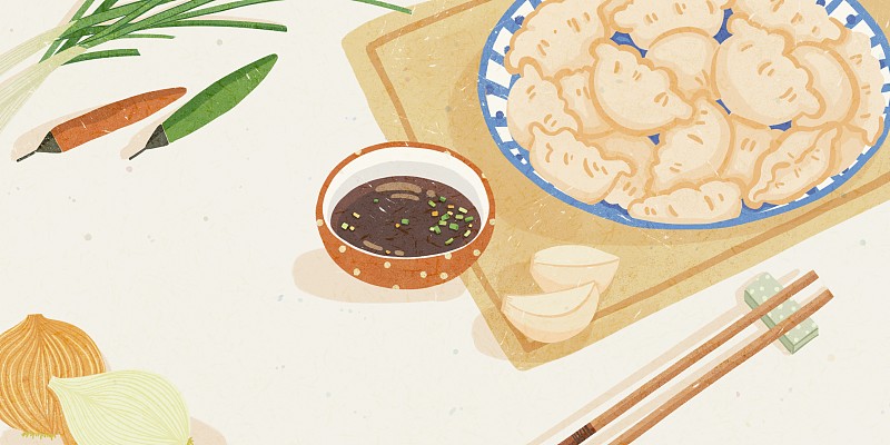 手绘美味传统食物饺子食醋和小葱图片下载