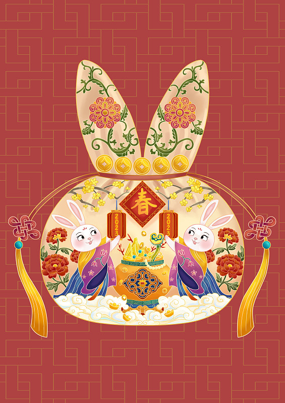 两只玉兔挂灯笼迎接春节图片下载