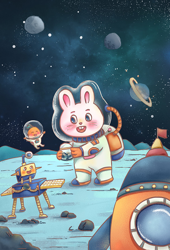 在月球取土的宇宙兔子插画下载