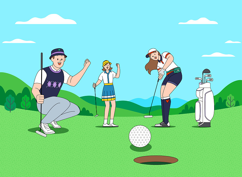 人们打高尔夫球，欢呼的女人推杆图片下载