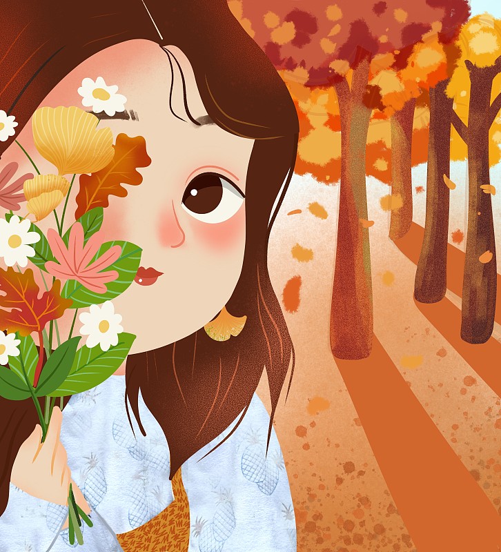秋分时节树林中拿花束遮脸的治愈性小女孩图片下载