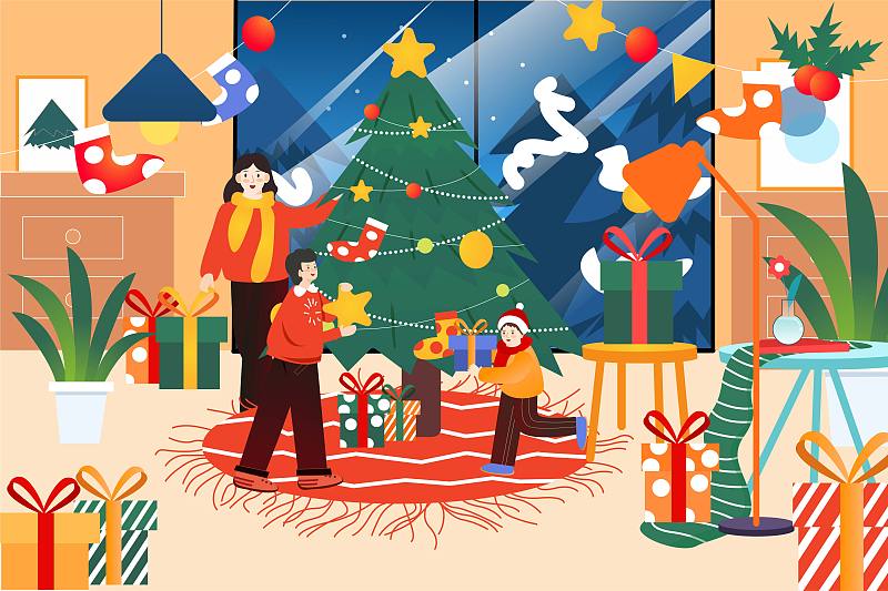 圣诞节平安夜家庭温暖氛围室内庆祝扁平矢量插画下载