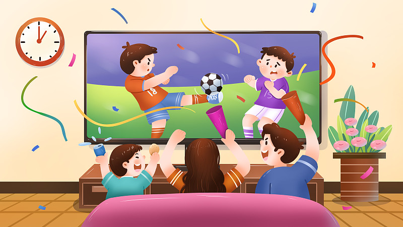 一家人看世界杯开心欢呼插画下载