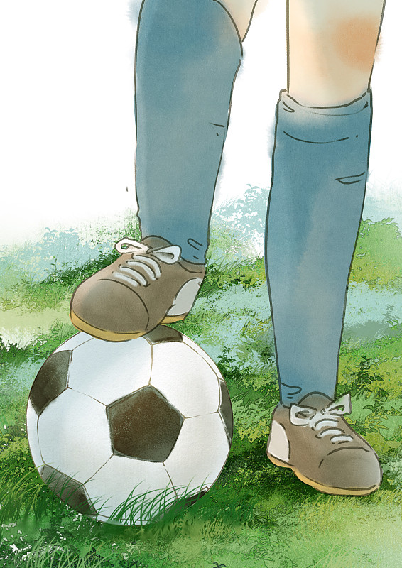 在草地上脚踩足球插画下载