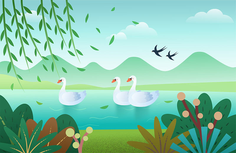 春天的湖面上有几只鸭子扁平插画下载