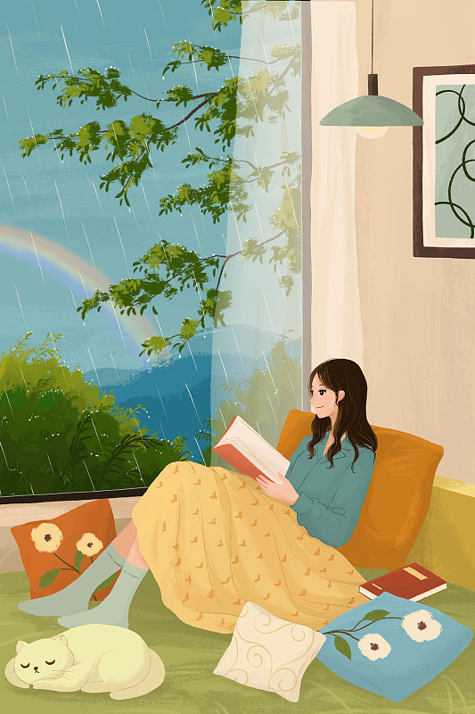 治愈系小清新插画一个女孩在雨天坐在温暖的房间看书下载