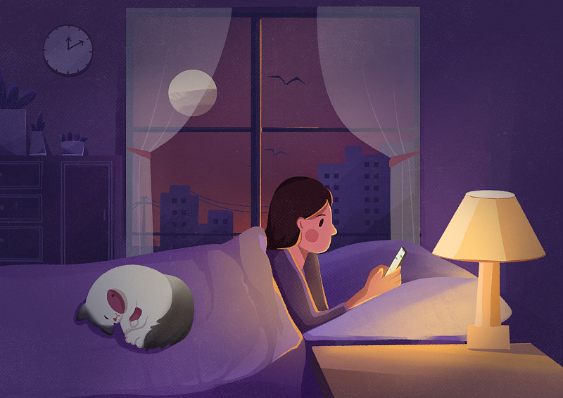 夜晚室内女孩独自一人躺在床上 玩手机插画下载