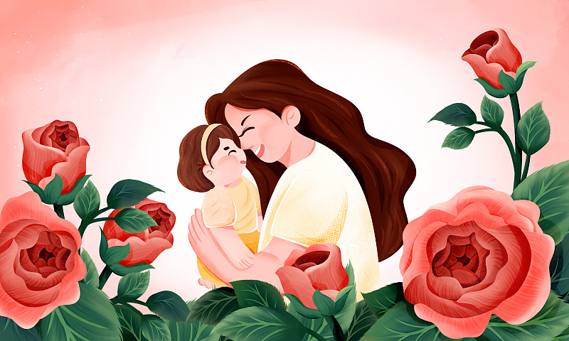 母亲节母亲抱着孩子玫瑰花背景庆祝插画下载