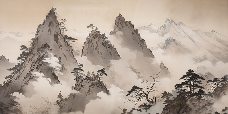 中国水墨山水画，新中式风格，自然风景插画下载
