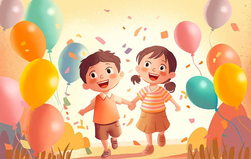 黄昏下，一男一女两名儿童手拉手一起开心的奔跑在气球中庆祝六一儿童节图片下载