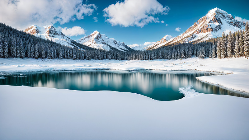 冬季新疆雪山雪原湖水风景图片下载