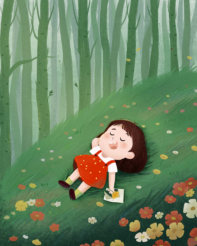 春天森林山坡草坪花海女孩躺着睡觉图片下载