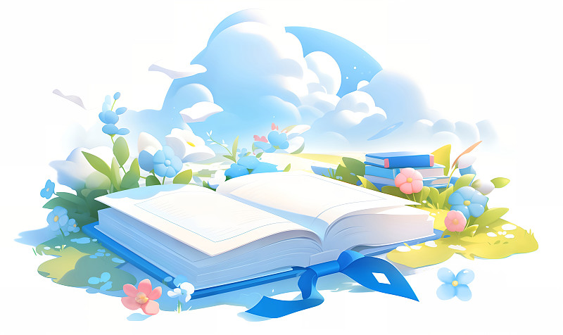 【AI数字艺术】开学季翻开的书本花卉草地蓝天白云插画下载