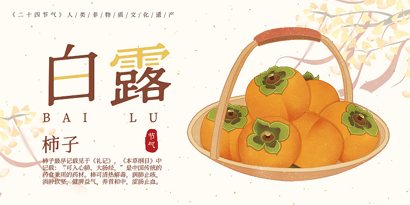 二十四节气白露美食柿子插画模板海报下载