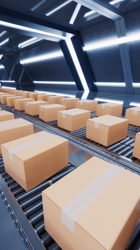 包装箱与流水线工厂3D渲染插画下载