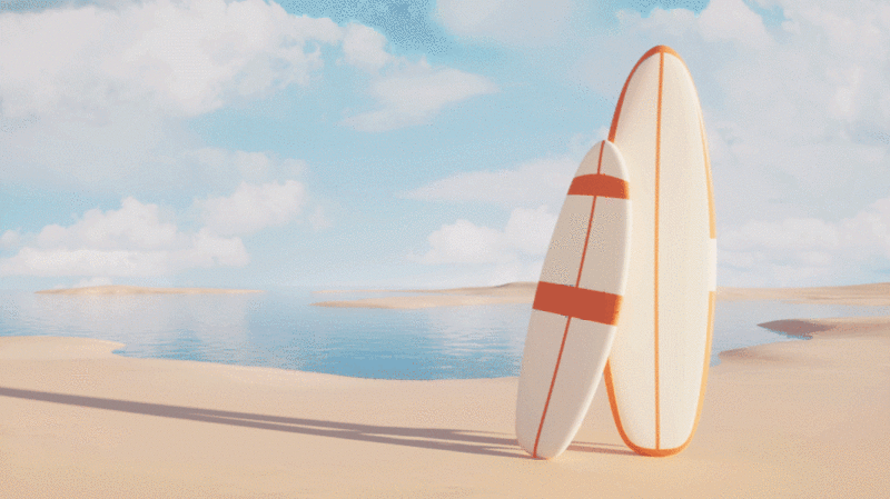 沙滩上的橙色冲浪板3D渲染插画下载