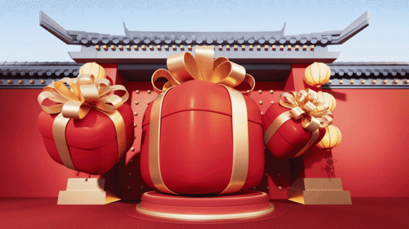 中国风古风建筑与礼物盒3D渲染插画下载