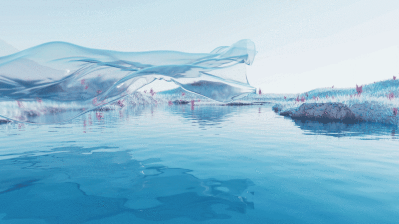 蓝色湖面与流动的透明布料3D渲染图片下载