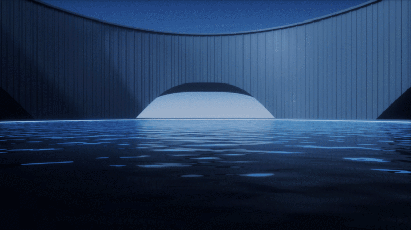 夜晚建筑与水面3D渲染插画下载