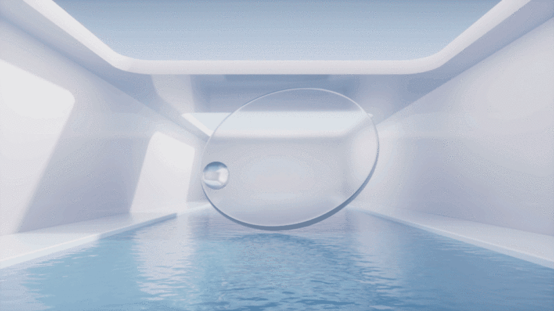 现代建筑水面与透明玻璃几何体3D渲染图片下载
