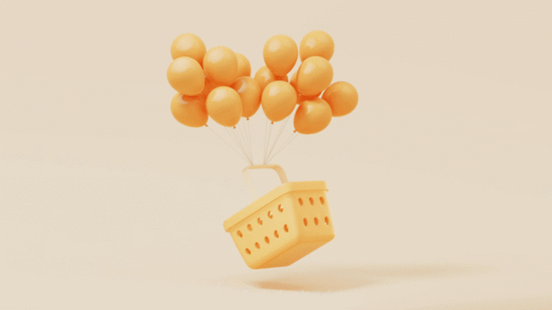 购物篮和气球循环动画3D渲染插画下载