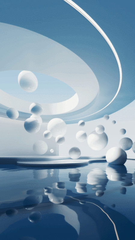 水面与飘浮的球体建筑空间动画3D渲染图片下载