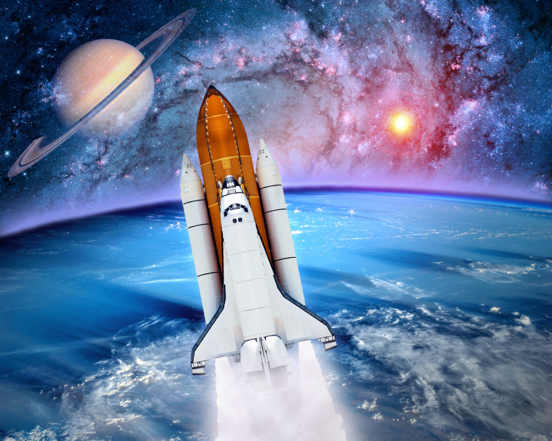 宇宙飞船航天飞机火箭发射宇宙飞船地球土星行星。此图像的元素由图片下载