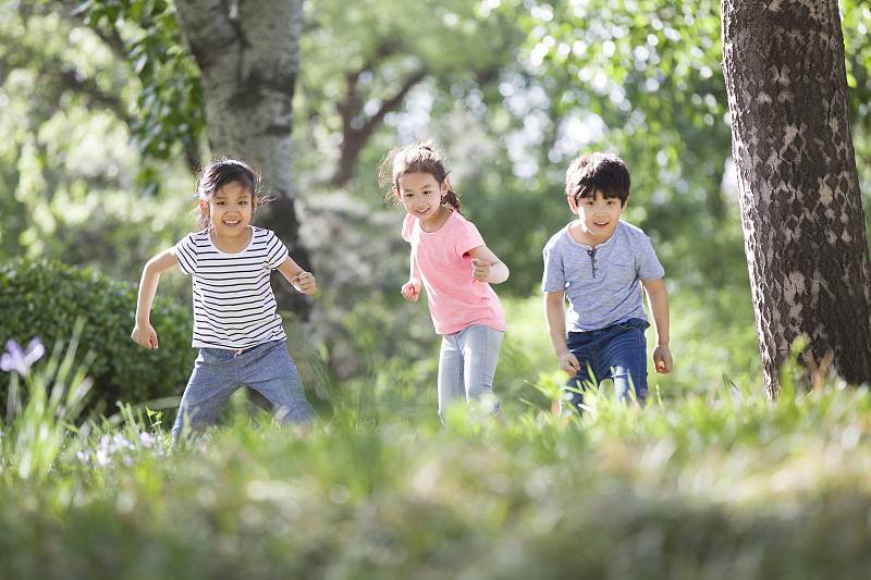 快乐的儿童在树林里赛跑图片下载
