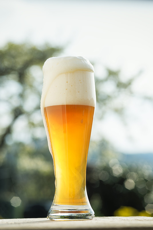 一杯小麦啤酒在一个啤酒花园图片素材