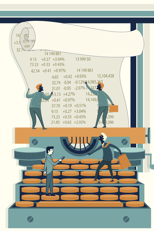 商人在打字机上计算股票财务的插图图片下载